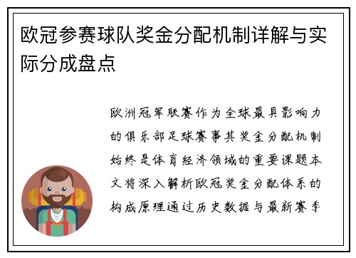 欧冠参赛球队奖金分配机制详解与实际分成盘点